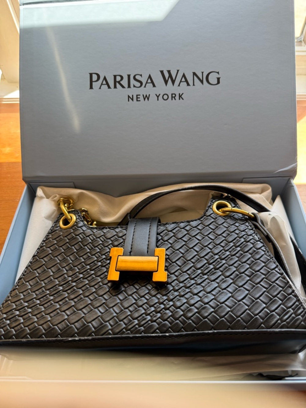 Parisa Wang Black Woven Shoulder Bag with Gold Hardware